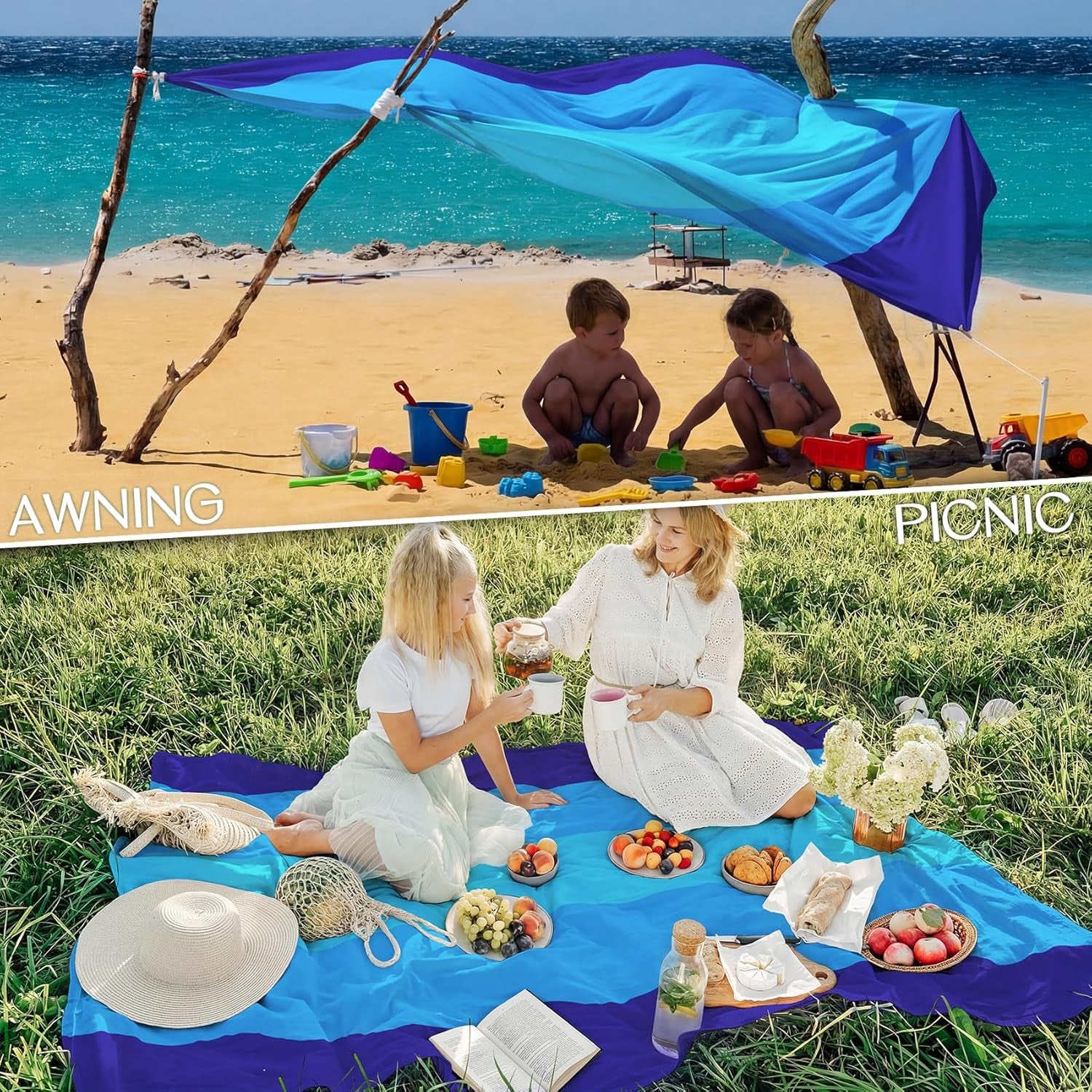Beach Blanket Waterproof Sandproof Large Sand Free,78''X81''/10'X9' Oversized Sandless Lightweight Blanket Picnic Mat for Beach Travel Camping Hiking with Stakes