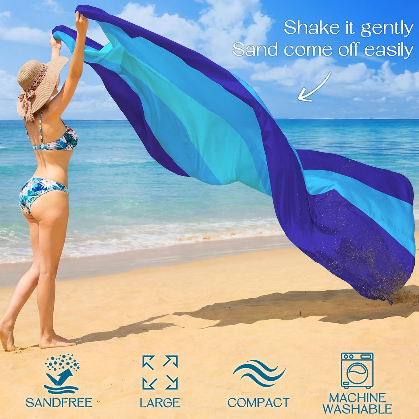 Beach Blanket Waterproof Sandproof Large Sand Free,78''X81''/10'X9' Oversized Sandless Lightweight Blanket Picnic Mat for Beach Travel Camping Hiking with Stakes