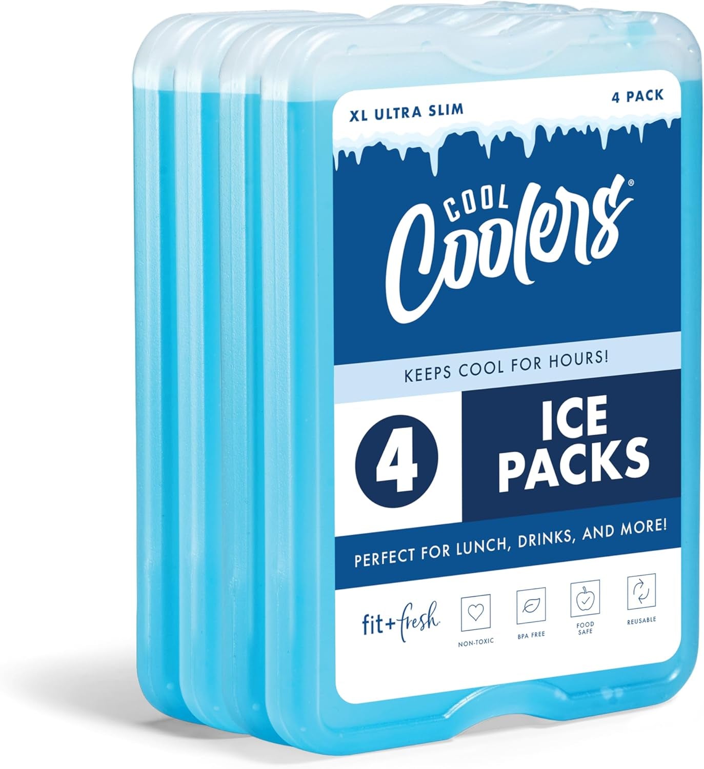 Cool Coolers by  4 Pack XL Slim Ice Packs, Quick Freeze Space Saving Reusable Ice Packs for Lunch Boxes or Coolers